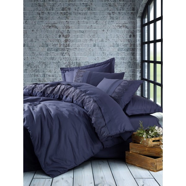 Tamnoplava pamučna posteljina s plahtom Cotton Box Enzo, 200 x 220 cm