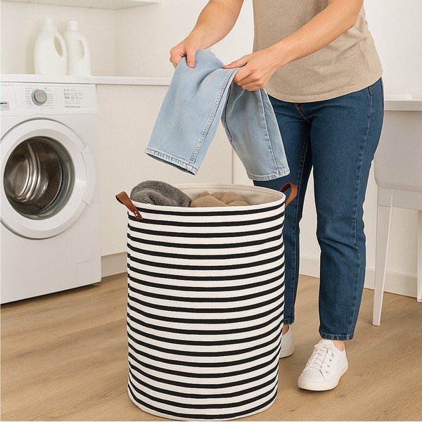 Crno-bijela tekstilna košara za rublje 54 l Stripe – Premier Housewares-image-3