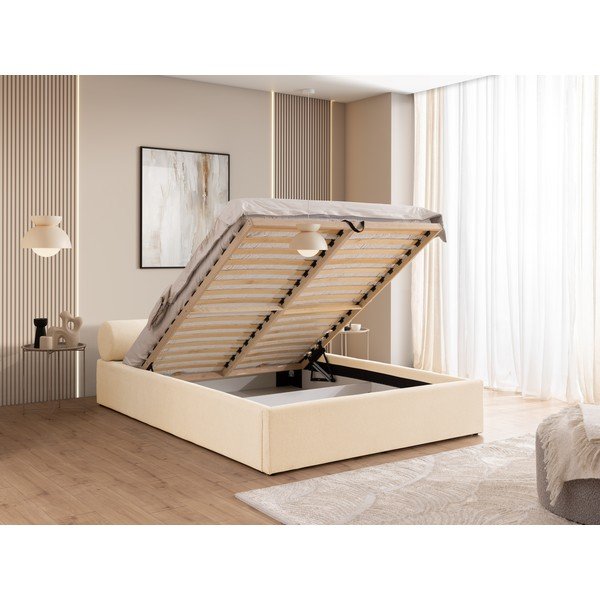 Krem tapecirani bračni krevet s prostorom za odlaganje s podnicom 180x200 cm Cille – Ropez-image-4