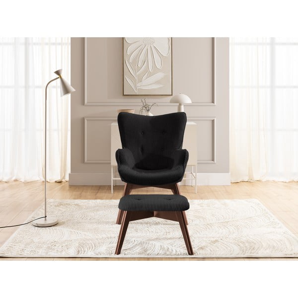 Crna fotelja s naslonjačem za noge od samta Niko – Ropez-image-1