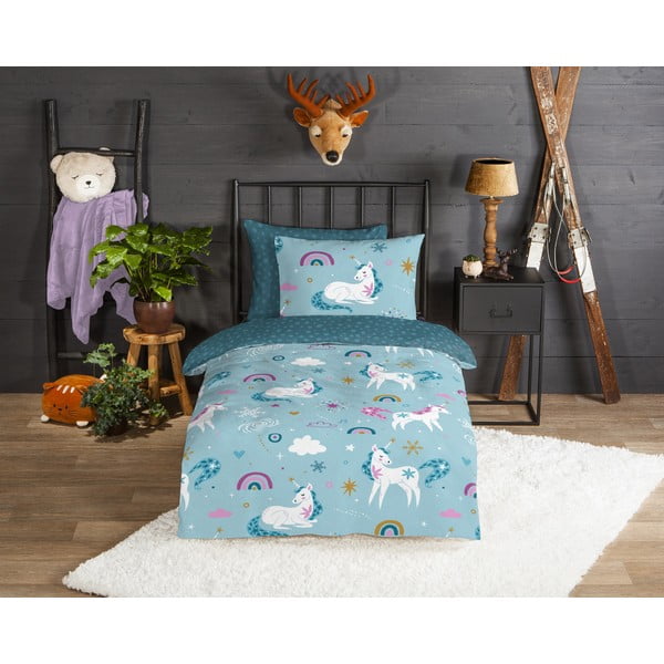 Plava flanelska dječja posteljina za krevet za jednu osobu/za produženi krevet 140x220 cm Snowycorn – Good Morning-image-1