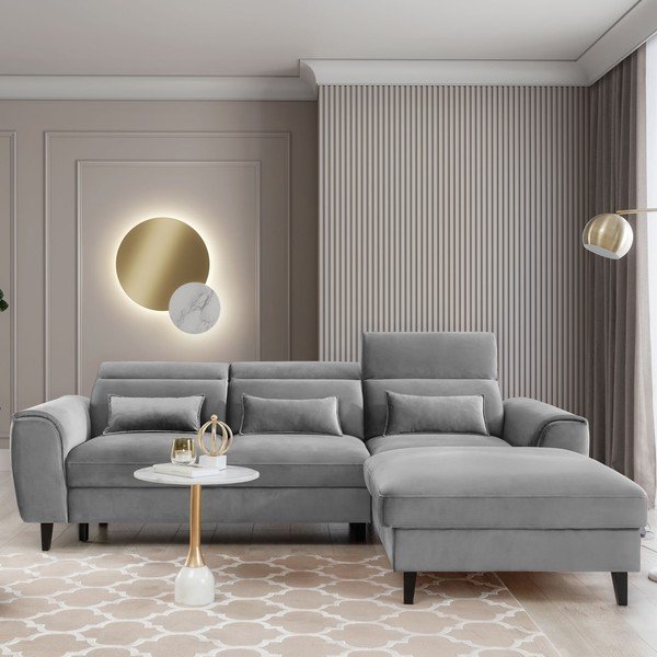 Siva baršunasti sklopiva/s prostorom za odlaganje kutna garnitura (s desnim kutom/s ležaljkom) Foble – ELTAP-image-1