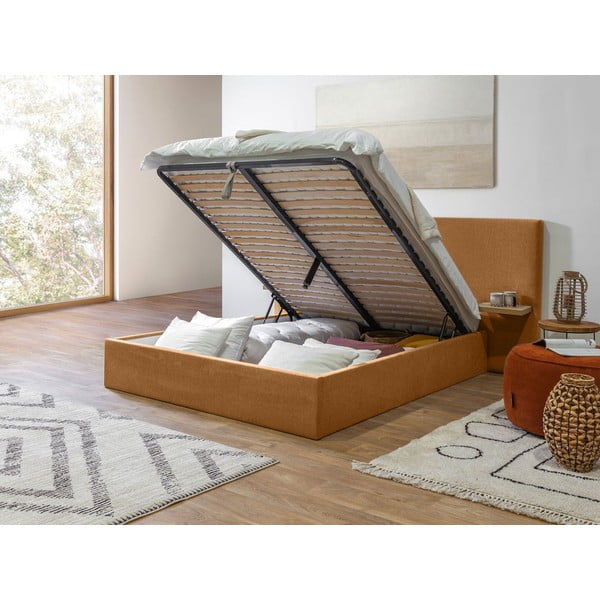 Oker žuti tapecirani bračni krevet s prostorom za odlaganje s podnicom 160x200 cm Blandine – Bobochic Paris-image-3