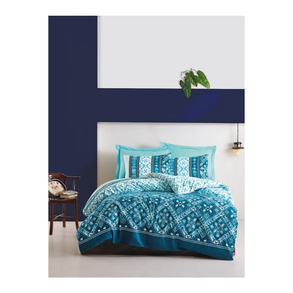 Tirkizna pamučna posteljina s plahtama za krevet za jednu osobu Happy, 140 x 200 cm
