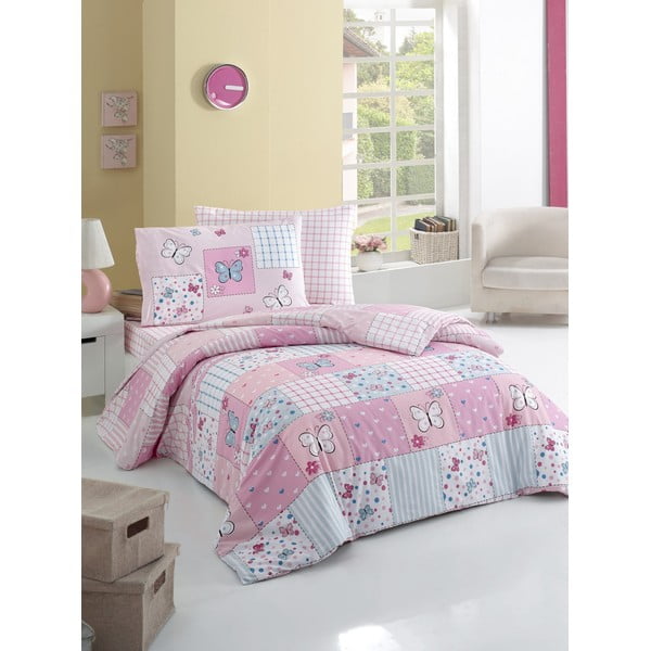 Ružičasta posteljina s plahtama za krevet za jednu osobu Butterfly, 160 x 220 cm