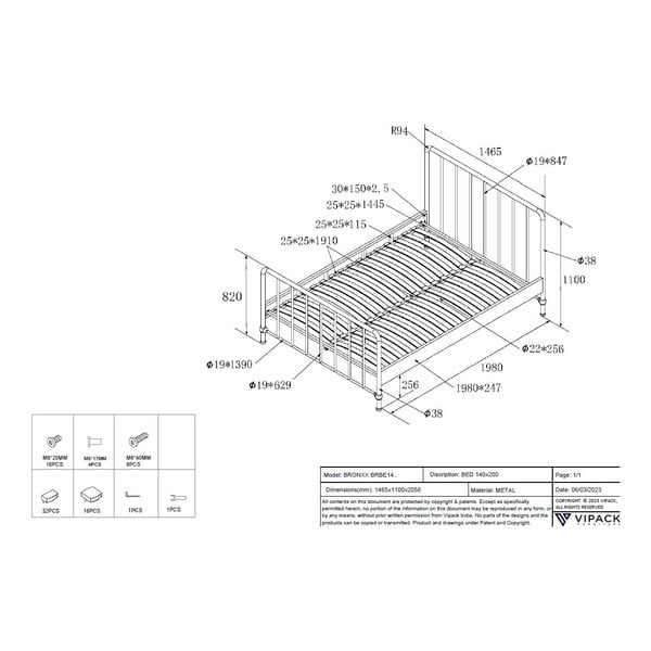 Zeleni metalni krevet s podnicom 140x200 cm BRONXX – Vipack-image-4