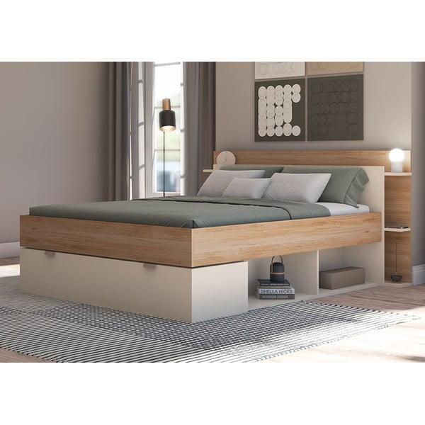 Bijeli/u prirodnoj boji bračni krevet u dekoru hrasta s prostorom za pohranu bez podnice 140x190 cm Albo – Marckeric-image-2