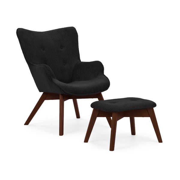 Crna fotelja s naslonjačem za noge od samta Niko – Ropez