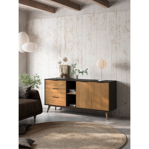 Crna/natur niska komoda od borovine 165x80 cm Lavis - Marckeric-image-1