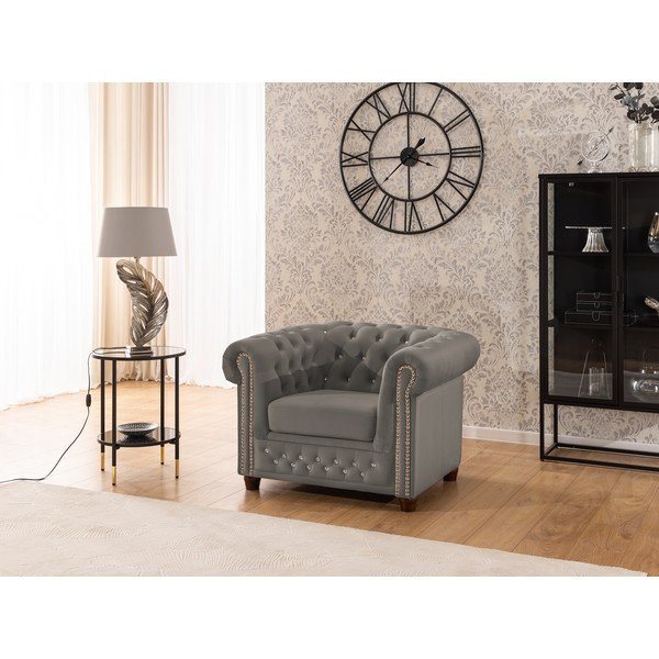 Siva baršunasti chesterfield fotelja York Blik – Ropez-image-1