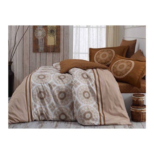 Bež pamučna satenska posteljina za bračni krevet sa plahtama Silvana, 200 x 220 cm
