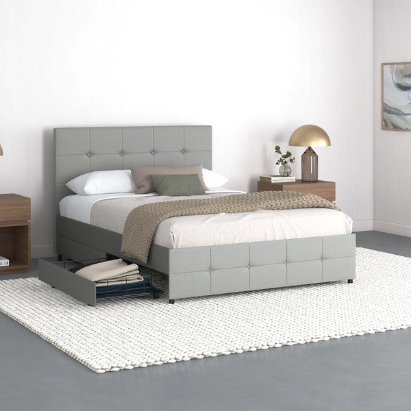 Sivi tapecirani bračni krevet s prostorom za odlaganje 140x200 cm Rose – Støraa-image-2