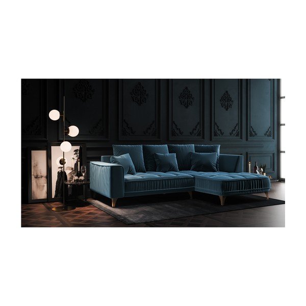 Tamnoplava baršunasta kutna garnitura Devichy Chloe, desni kut, 256 cm-image-3