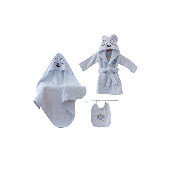 Plavi pamučan set dječjeg ogrtača i ručnika 3 kom veličina za 0-2 godine Bear – Foutastic
