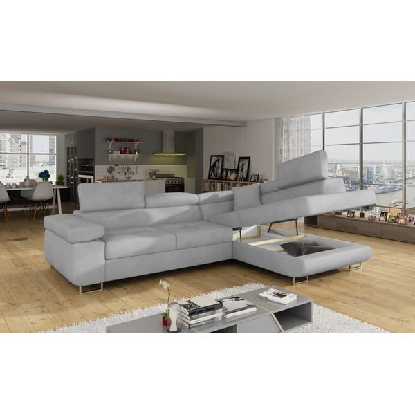 Svijetlo siva baršunasti sklopiva/s prostorom za odlaganje kutna garnitura (s desnim kutom/u obliku slova L) Anton – ELTAP-image-4