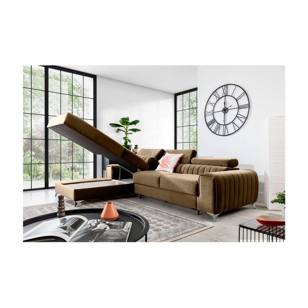 Svjetlo smeđa baršunasti sklopiva/s prostorom za odlaganje kutna garnitura (s lijevim kutom/s ležaljkom) Grayson – ELTAP-image-3