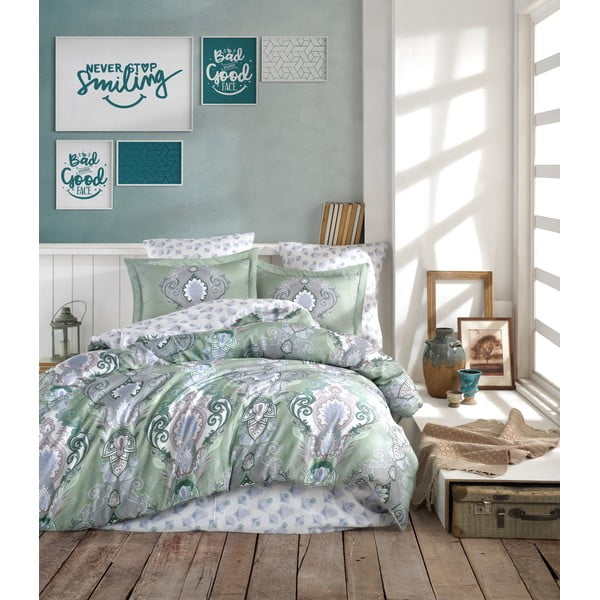 Zelena posteljina za bračni krevet od pamučnog satena Primacasa by Türkiz Mavariova, 220 x 240 cm