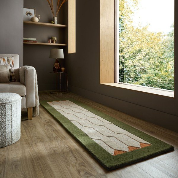 Zelena/u prirodnoj boji ručno rađena vunena staza 60x230 cm Apex Border Wool – Flair Rugs-image-1