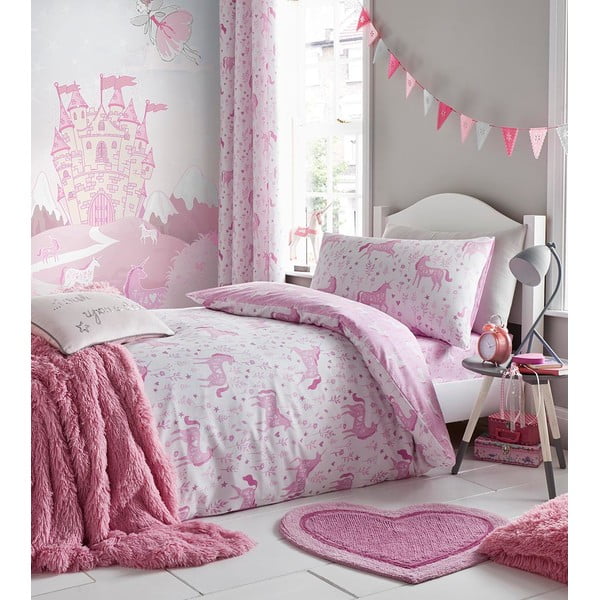 Ružičasta posteljina za bračni krevet Catherine Lansfield Unicorn, 200 x 200 cm