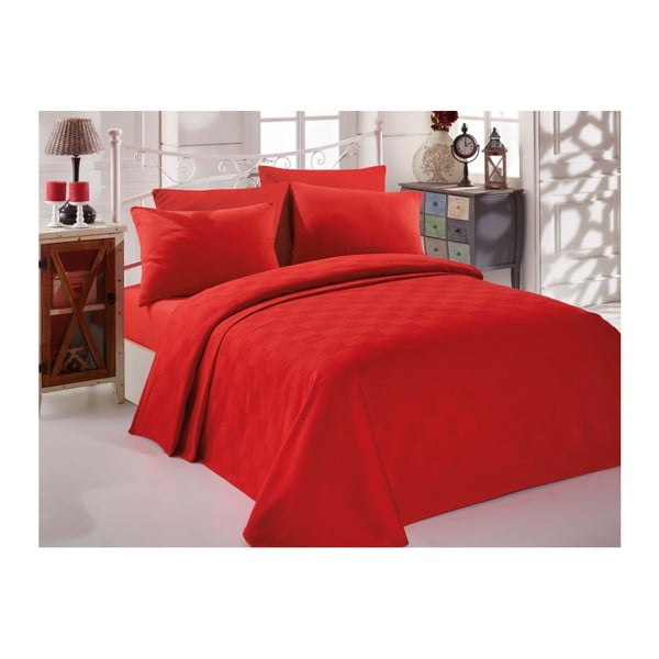 Set crvenih pamučnih prekrivača, plahti i 2 jastučnice za bračni krevet Turro Rojo, 200 x 235 cm