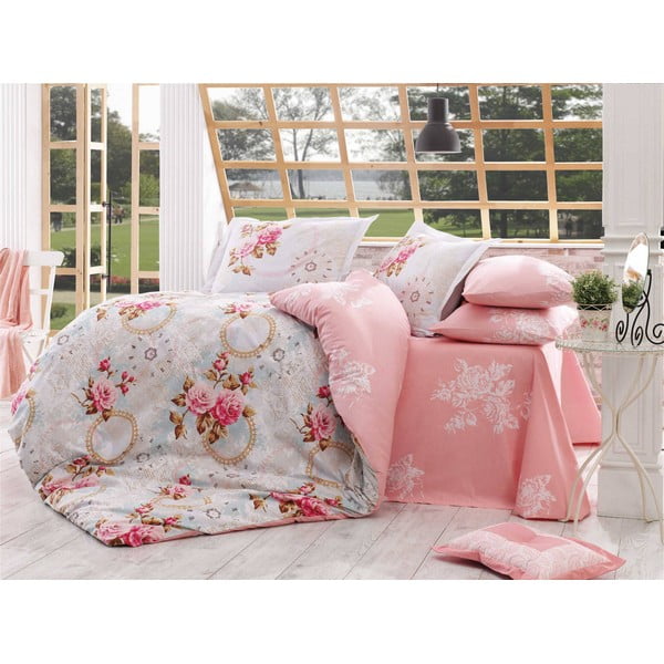 Posteljina s pamučnim poplin plahtama za bračni krevet Clementina Pink, 200 x 220 cm