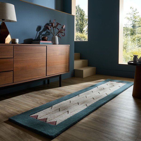 Ručno rađena vunena staza u prirodnoj boji/plavozelena 60x230 cm Apex Border Wool – Flair Rugs-image-1