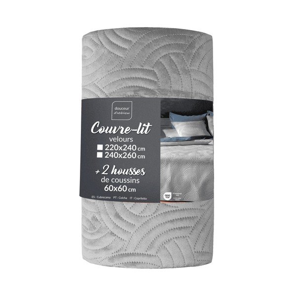 Sivi set prekrivača i jastučnice od samta 240x260 cm Solange – douceur d'intérieur