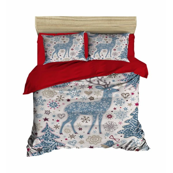 Bijela/plava satenska posteljina za bračni krevet/za produženi krevet 200x220 cm – Mijolnir