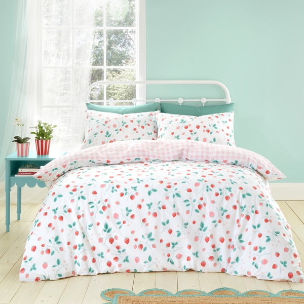 Bijela/ružičasta posteljina za bračni krevet 200x200 cm Strawberry Garden – Catherine Lansfield