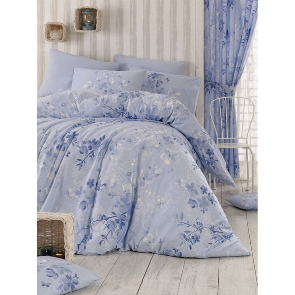 Svijetloplava pamučna posteljina za bračni krevet s plahtom i pokrivačem 220x240 cm Elena - Mijolnir