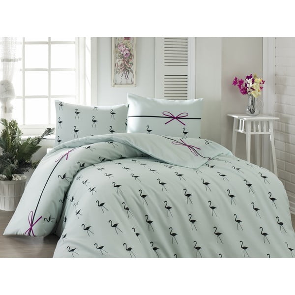 Pamučna posteljina s bračnim krevetom i 2 jastučnice Flamingo Mint, 200 x 220 cm