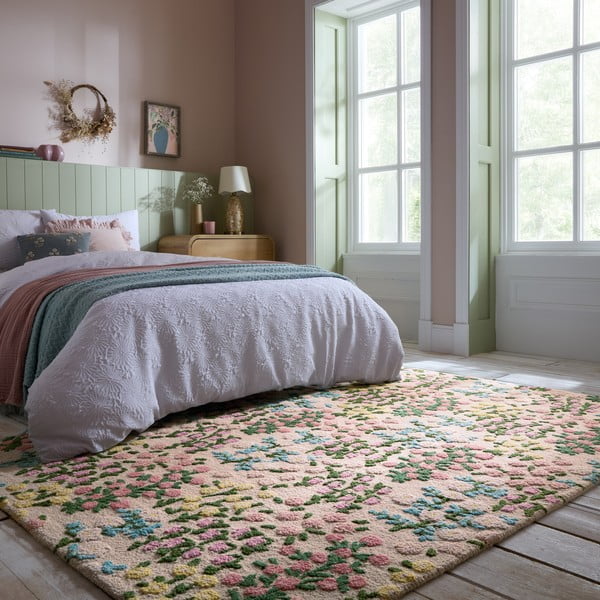 Krem ručno rađen vunen tepih 200x290 cm Emilia Floral – Flair Rugs-image-1