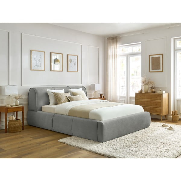 Svijetlo sivi tapecirani bračni krevet s prostorom za pohranu s podnicom 160x200 cm Vernon – Bobochic Paris-image-1