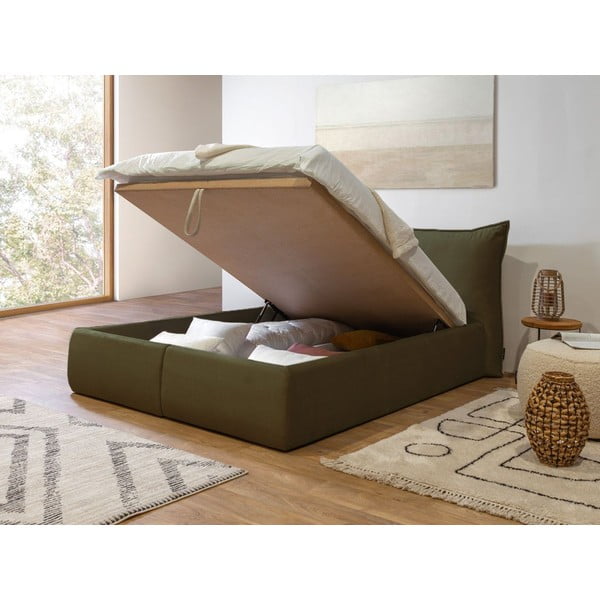 Bračni krevet presvučen tamnozelenim samtom s prostorom za pohranu s podnicom 160x200 cm Jade - Bobochic Paris-image-4