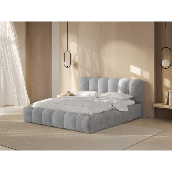 Svijetlo sivi tapecirani bračni krevet s prostorom za pohranu s podnicom 200x200 cm Lupine – Micadoni Home-image-1