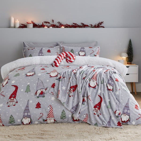 Siva posteljina za bračni krevet/za produženi krevet od mikropliša 230x220 cm Festive Gnomes – Catherine Lansfield-image-1