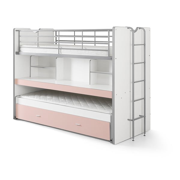 Bijelo-ružičasti krevet na kat s policama Vipack Bonny, 220 x 100 cm