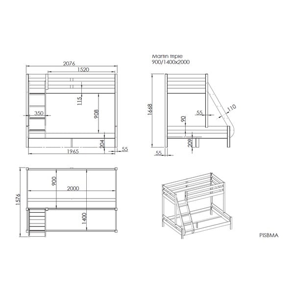 Dječji krevet na kat od borovine 140x200/90x200 cm u prirodnoj boji Pino - Vipack-image-2