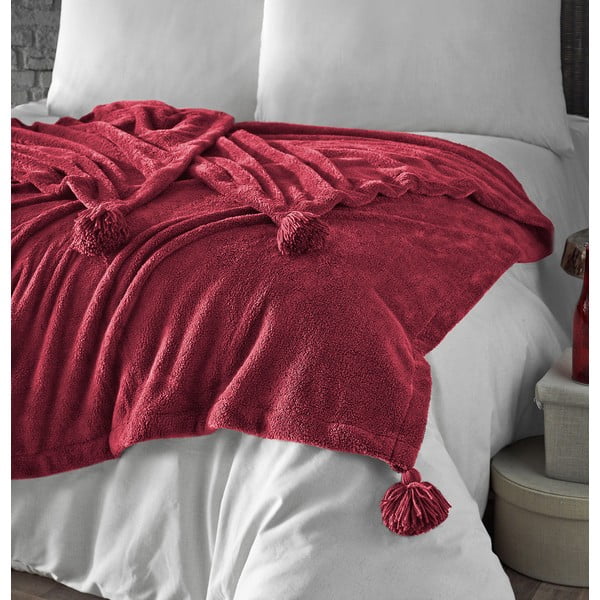 Crveni prekrivač od mikropliša za bračni krevet 200x220 cm Puffy – Mijolnir