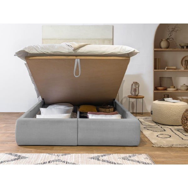 Svijetlo sivi bračni krevet presvučen samtom s prostorom za pohranu s podnicom 160x200 cm Jade - Bobochic Paris-image-1