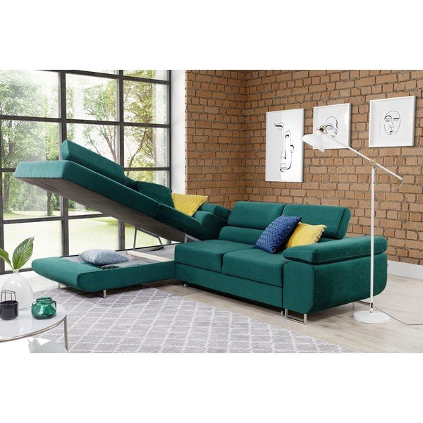 Zelena baršunasti sklopiva/s prostorom za odlaganje kutna garnitura (s lijevim kutom/u obliku slova L) Anton – ELTAP-image-3