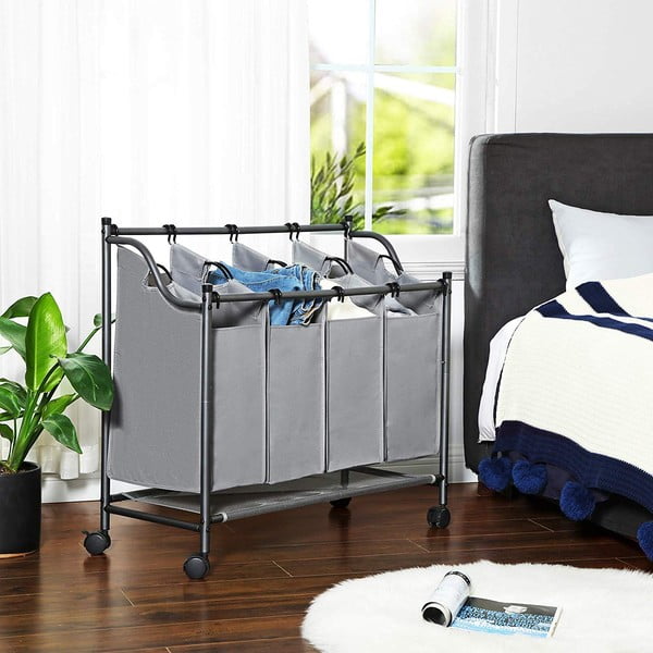 Siva košara na kotačićima s 4 pregrade za rublje Songmics-image-3