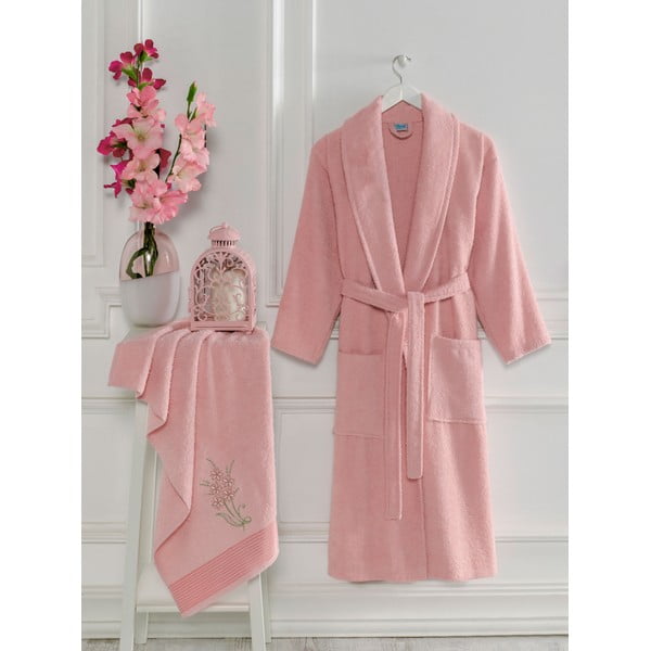 Ružičasti pamučan kupaonski ogrtač i ručnik u setu S/M – Mila Home