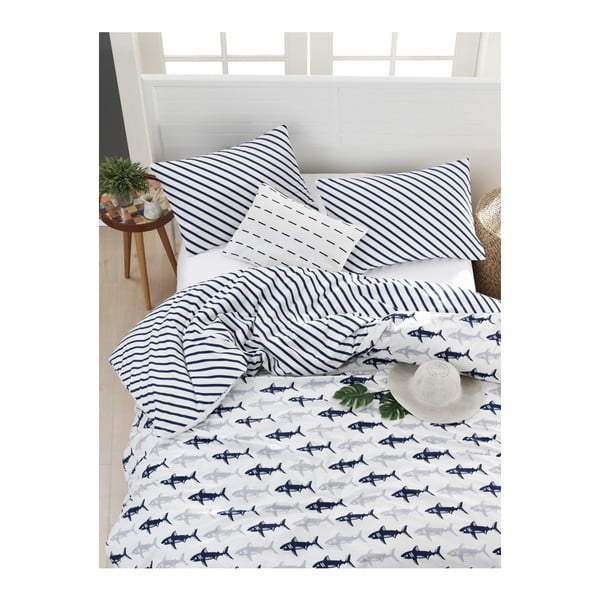 Posteljina za jednostruki krevet od ranforce pamuka Mijolnir Shark Dark Blue & White, 140 x 200 cm