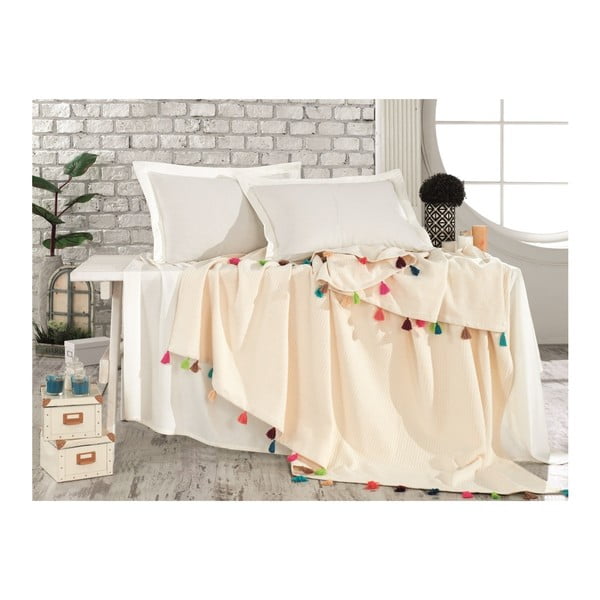 Lagani krem ručno rađeni pamučni prekrivač za bračni krevet Troyers, 230 x 240 cm
