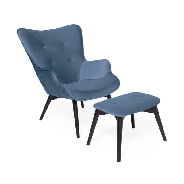 Plava fotelja i tabure za noge s tabureom u crnoj boji Vivonita Cora Velvet