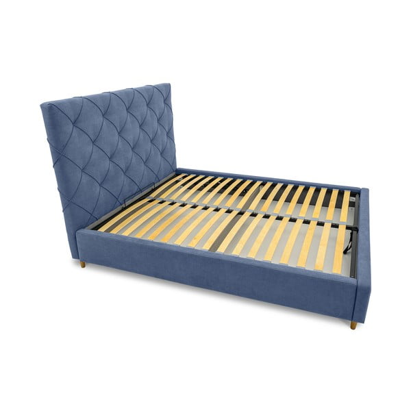 Plavi tapecirani bračni krevet s prostorom za pohranu s podnicom 160x200 cm Bee – Scandic-image-4
