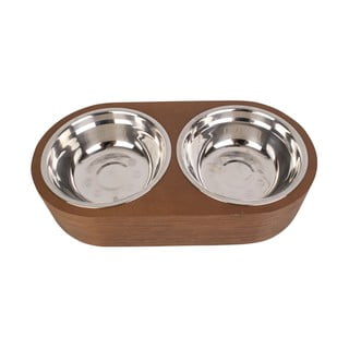 Set od 2 metalne zdjele u tamnom drvenom postolju PT LIVING Pet, širine 15,6 cm