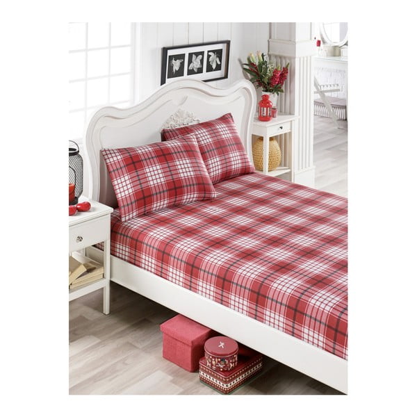 Set crvenih pamučnih plahti i 2 jastučnice za krevet za jednu osobu Flanelo Lusno, 100 x 200 cm