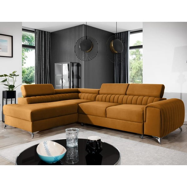 Žuta  baršunasti sklopiva/s prostorom za odlaganje kutna garnitura (s lijevim kutom/u obliku slova L) Laurence – ELTAP-image-1